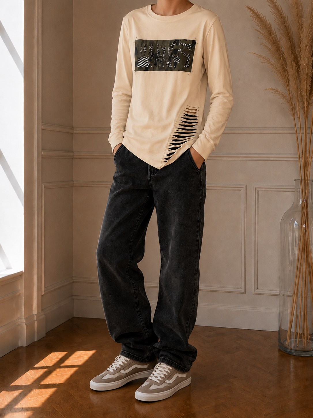 T-Shirt enfant Beige Écru Manches Longues Imprimé Graphique Ajouré