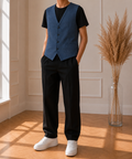 Gilet de costume Bayard homme taille 58 bleu chiné laine Lyocell élégant