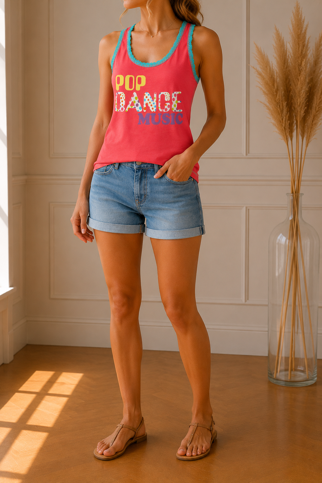 Débardeur Pop Dance Music rose corail – Top femme sans manches – Taille M
