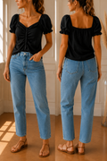 Top noir froncé femme – Manches bouffantes – Taille Unique – Très bon état