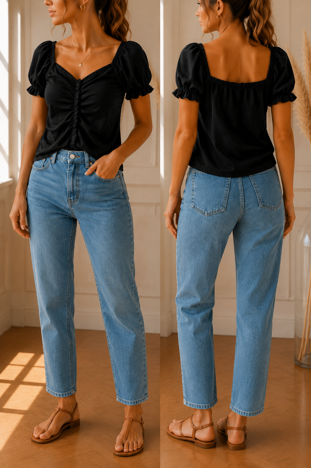 Top noir froncé femme – Manches bouffantes – Taille Unique – Très bon état