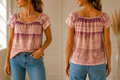 Top bohème rose imprimé cachemire femme – Manches courtes – Taille Unique – Neuf avec étiquette