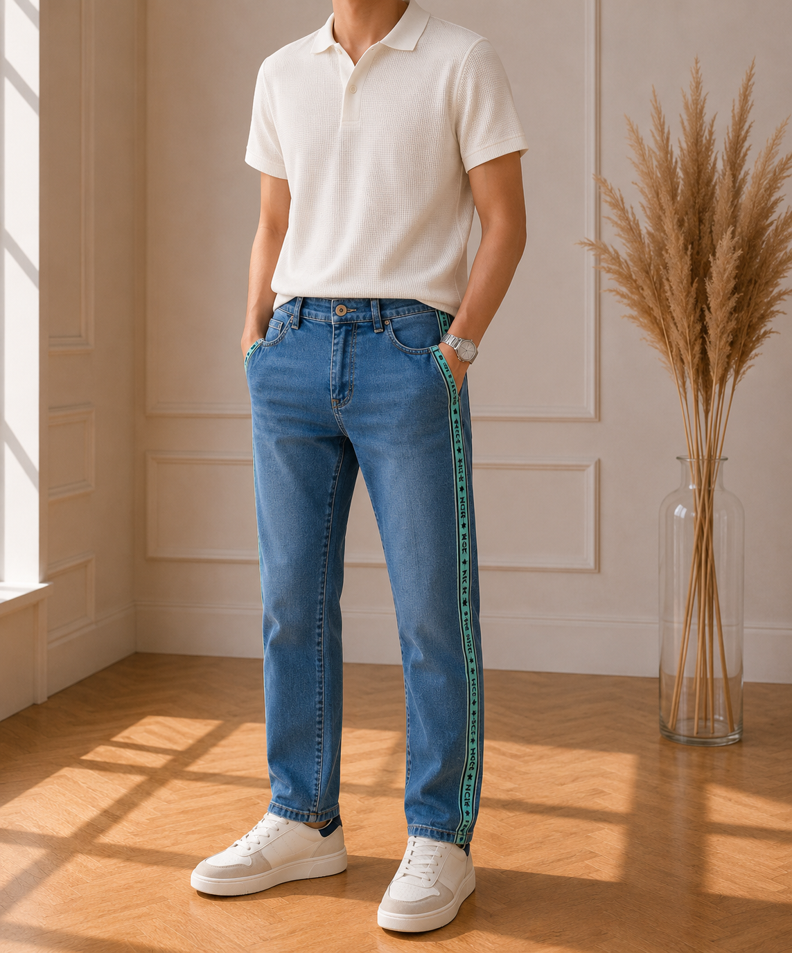 Jean garçon NICE bandes latérales turquoise – 10 ans – Neuf avec étiquette