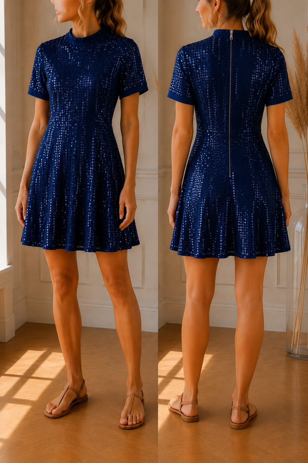 Robe bleu à sequins femme – Robe zippée élégante – Taille L