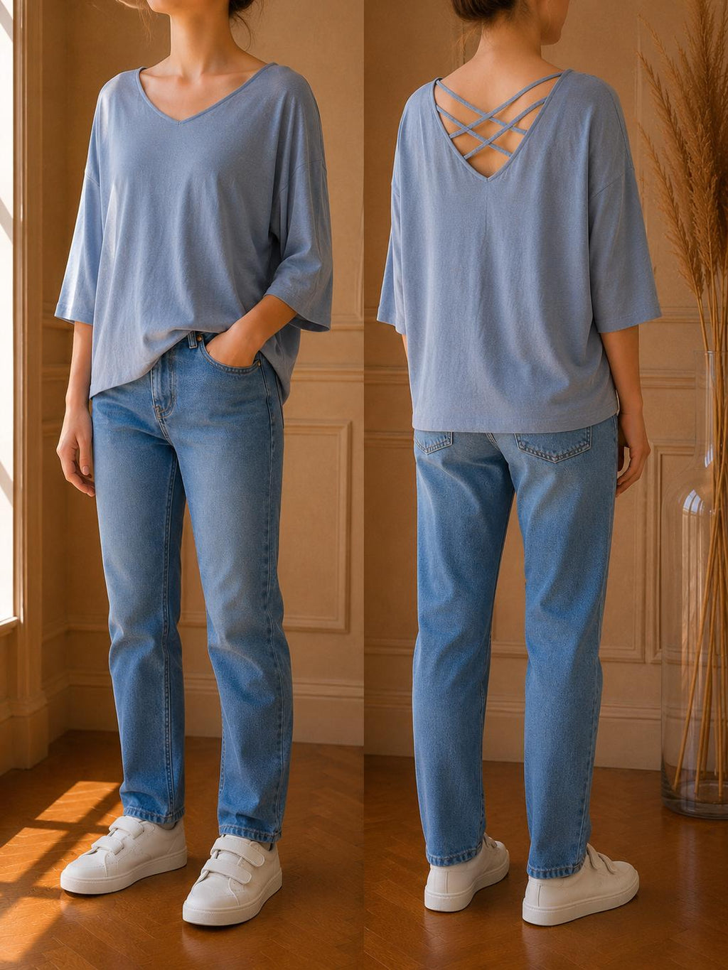 t-shirt Femme Bleu Ciel Col V Dos Croisé Manches 3/4 Oversize Chic Décontracté