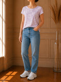 T-Shirt Femme Lilas Fleuri Manches Courtes Casual Chic Neuf