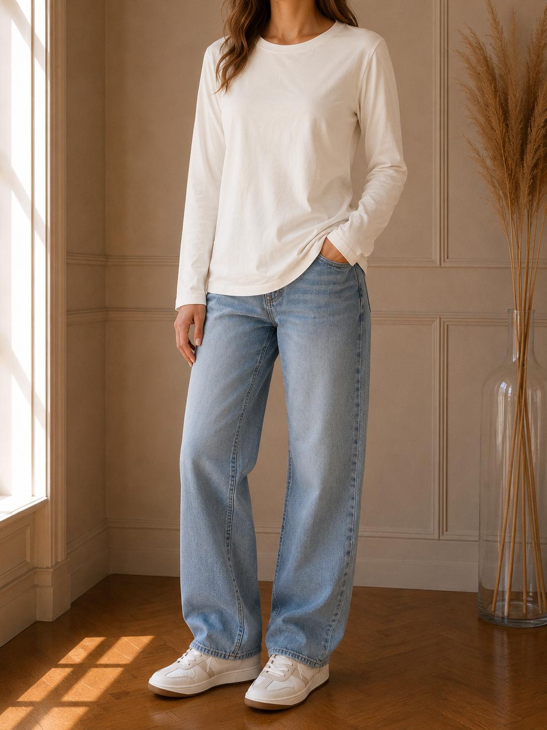 T-Shirt Femme Blanc Écru Manches Longues Basique