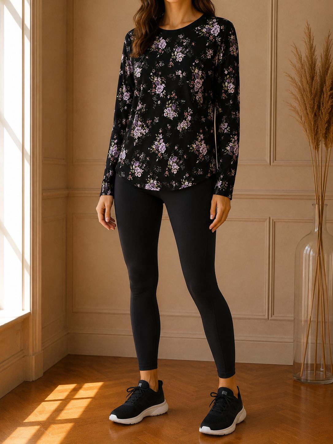 T-Shirt Femme Noir Fleuri Manches Longues Motif Floral Violet Casual Chic Neuf avec Étiquette