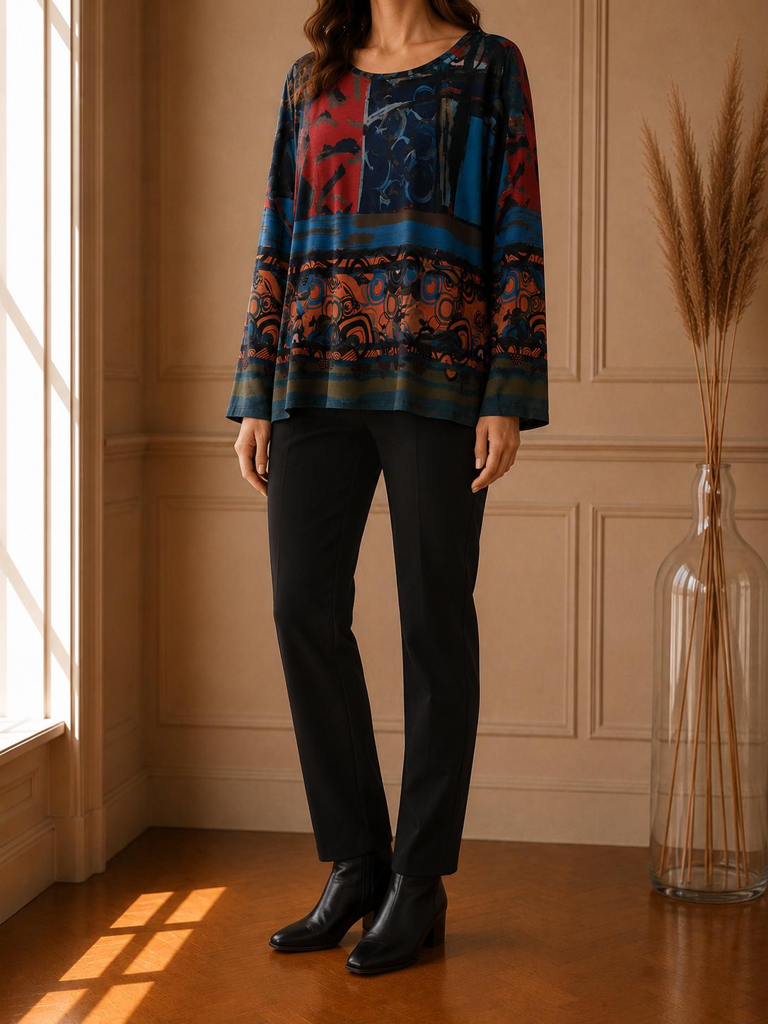 tunique Femme Multicolore Imprimé Artistique Manches Longues Coupe Ample Neuve avec Étiquette