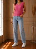 Débardeur Pull Femme Rose Fuchsia Maille Torsadée Col V Sans Manches Neuf avec Étiquette