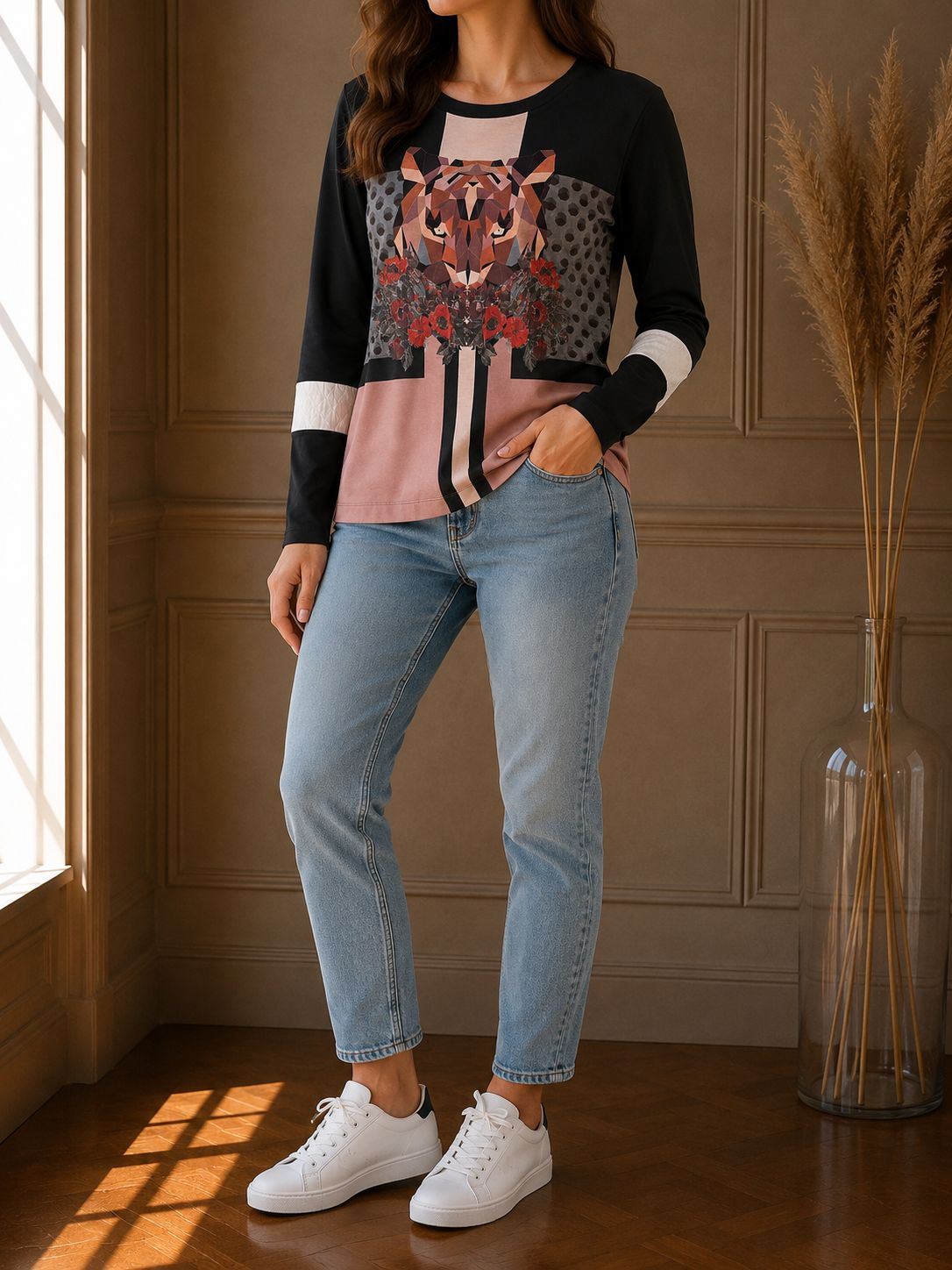 T-shirt manche longue imprimé tigre floral SOGGO – Taille 2 – Neuf avec étiquette
