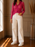 Chemisier en dentelle rose fuchsia femme manches longues – Taille M – Élégant & chic
