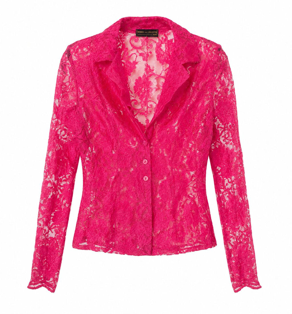 Chemisier en dentelle rose fuchsia femme manches longues – Taille M – Élégant & chic