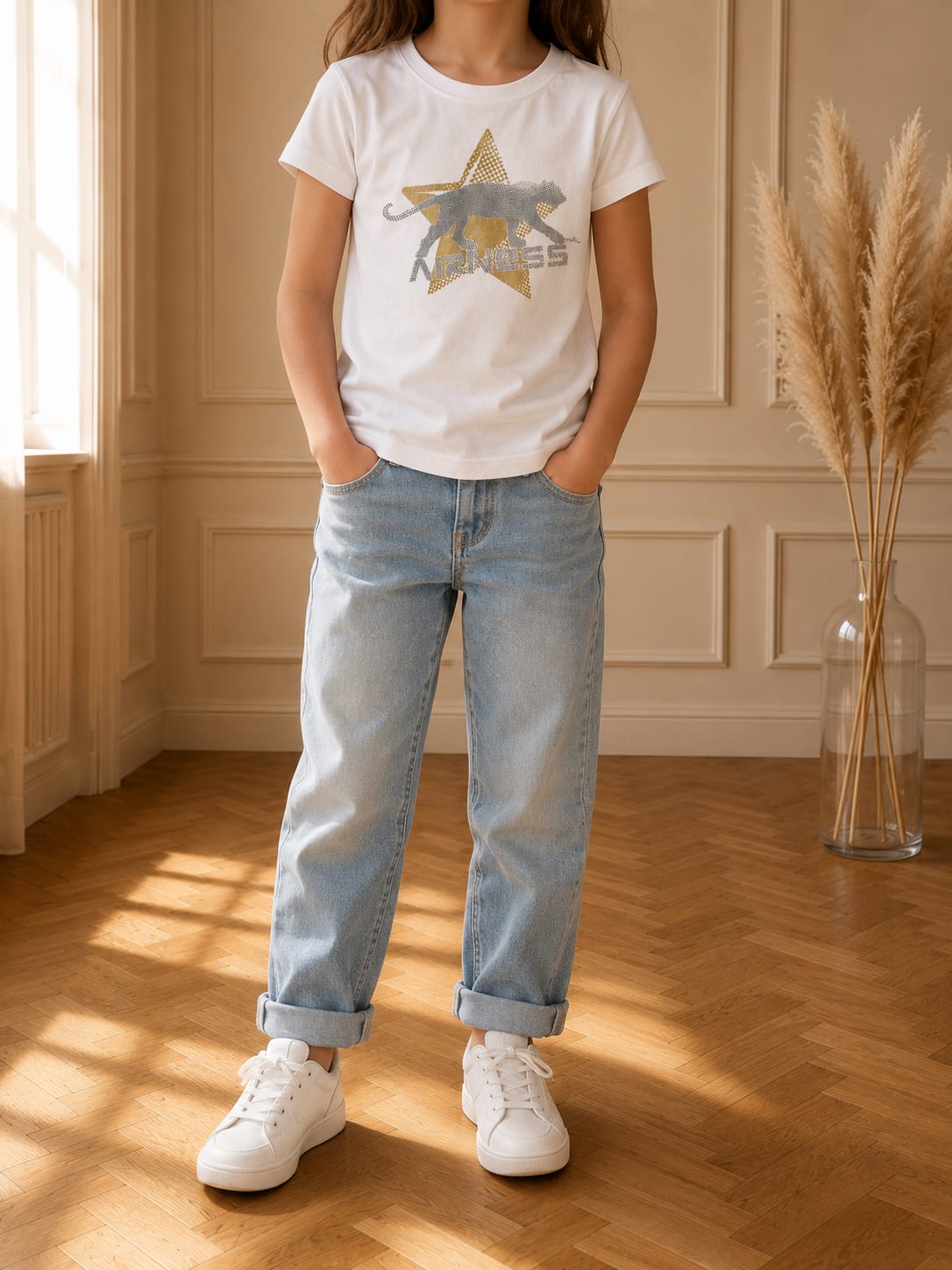 T-shirt enfant blanc imprimé panthère – Disponible en 6 ans et 8 ans – Seconde main Grade A