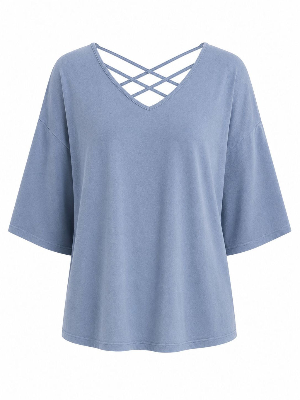 t-shirt Femme Bleu Ciel Col V Dos Croisé Manches 3/4 Oversize Chic Décontracté